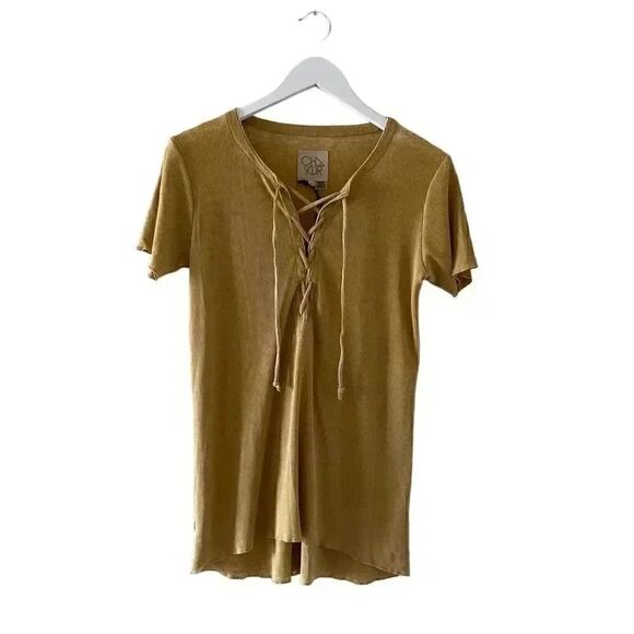 Chaser Marigold LACE UP HI LO RIB TEE Bohemian Women’s Short Sleeves Top SZ M - Picture 1 of 13